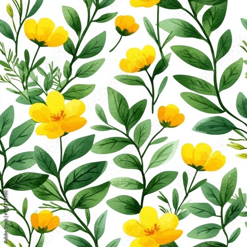 Abstract watercolor seamless pattern with pastel yellow flowers and green leaves. Floral illustration on white background.