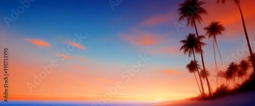 A serene tropical beach scene at sunset, with palm trees silhouetted against a vibrant sky