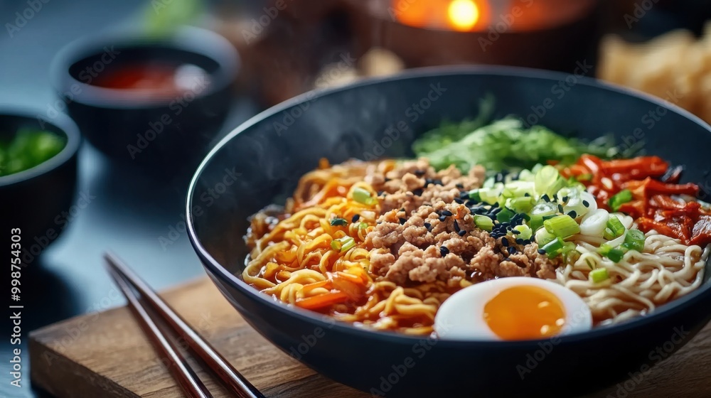 Delicious Ramen Bowl with Fresh Ingredients and Egg Delicious Ramen Bowl with Fresh Ingredients and Egg