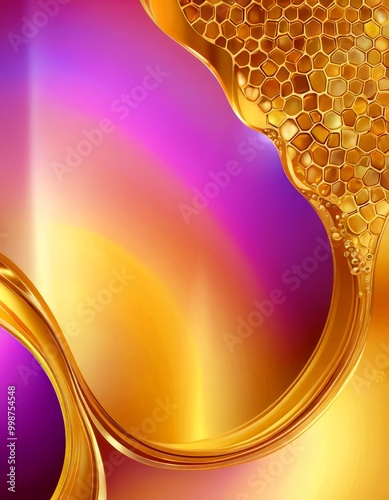 a vibrant abstract composition with a gradient of colors transitioning from purple to gold, culminating in a honeycomb-like pattern The honeycomb-like elements are photo