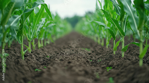 Fresh corn stalks in field symbolize agriculture and growth, showcasing vibrant green plants rising from rich, dark soil. This image captures essence of farming and natures bounty