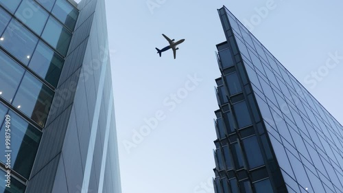 Airplane Flying Over Skyscrapers and Office Buildings in London Looking up at Plane Flying above Business Center Success Concept. 