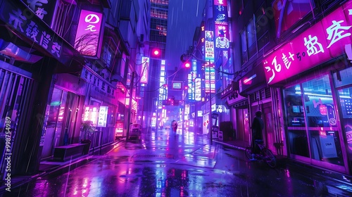 A vibrant, neon-lit urban street scene reflecting rain, showcasing modern city life.