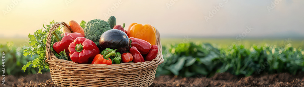Fresh and vibrant basket of colorful farm vegetables in sunlit field, showcasing variety of healthy produce like peppers, broccoli, and carrots, evoking sense of abundance and natures bounty