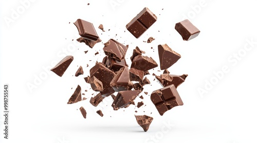 Falling chocolate chunks, dynamic action shot, high-detail 3D illustration, realistic textures, isolated on white background