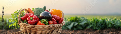 Obraz na płótnie Fresh and vibrant basket of colorful farm vegetables in sunlit field, showcasing variety of healthy produce like peppers, broccoli, and carrots, evoking sense of abundance and natures bounty w salonie