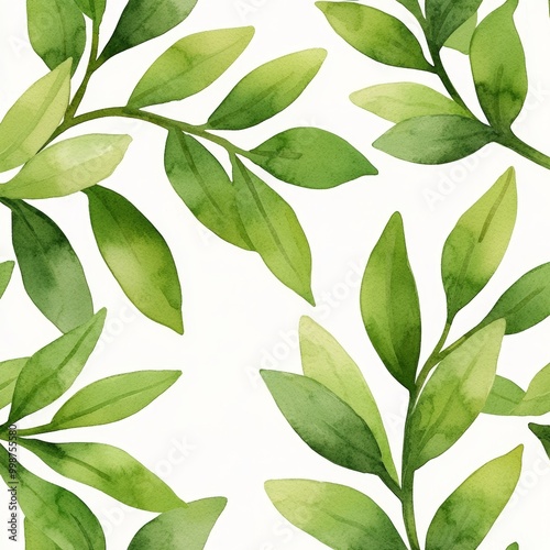 A lush floral seamless pattern with a white background and green branches in watercolor.