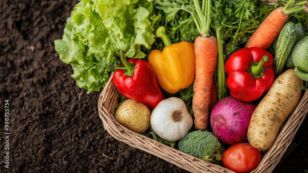 Fresh vegetables in woven basket showcase vibrant assortment of colors and textures, including leafy greens, bell peppers, carrots, and more, evoking sense of health and vitality Fresh vegetables in woven basket showcase vibrant assortment of colors and textures, including leafy greens, bell peppers, carrots, and more, evoking sense of health and vitality