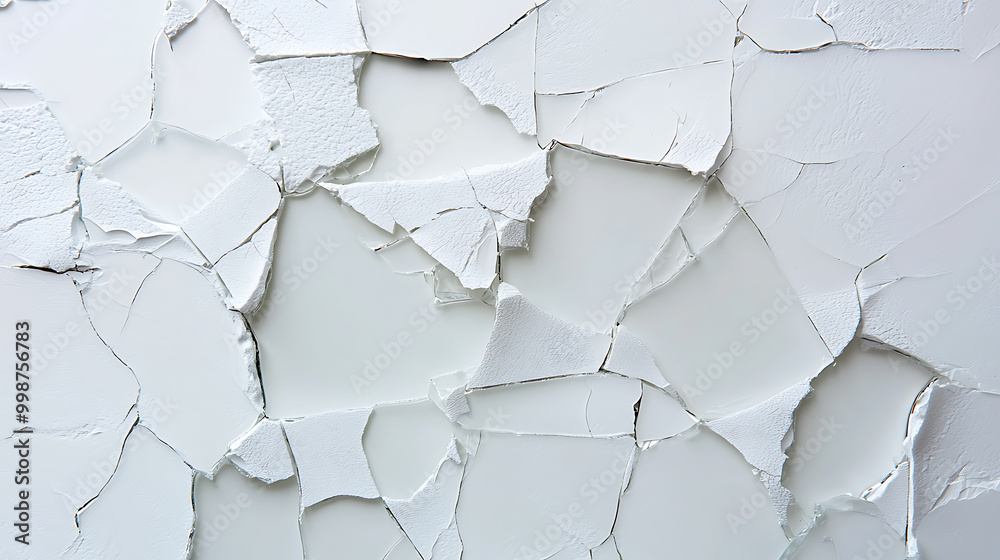 Close-up of cracked white paint on a textured wall