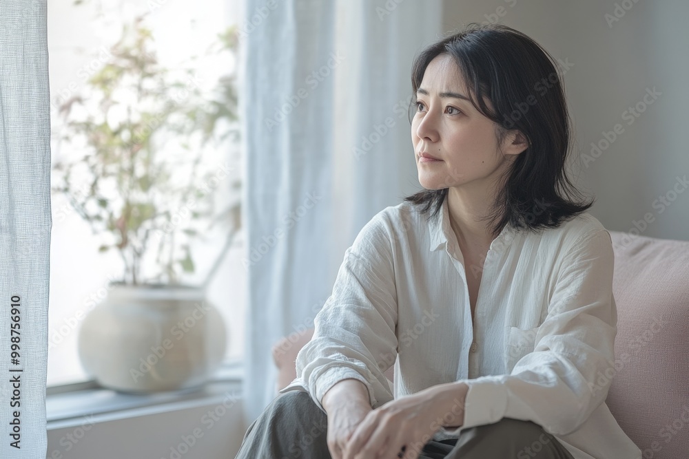 Thoughtful Japanese Woman Sitting Indoors Thoughtful Japanese Woman Sitting Indoors