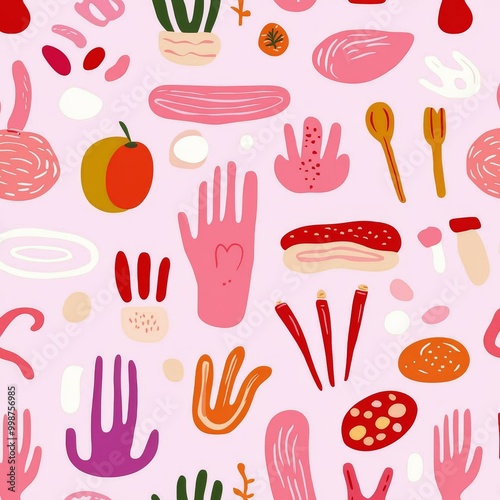 Surface pattern design in pink and red with organic and abstract design elements. Fashion design template.