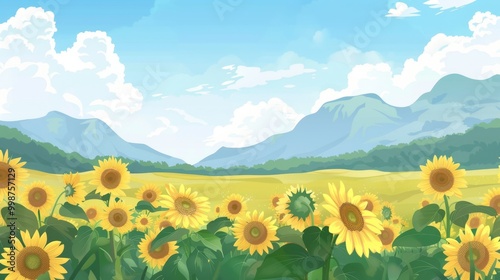 Scenic Sunflower Field with Majestic Mountain Background in Summer