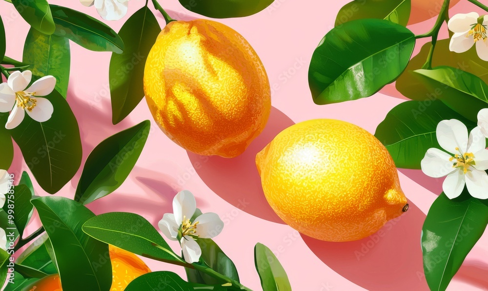 Oranges and lemons on a pink background with white flowers and leaves over a coral colored background with white flowers and leaves. Generated stock Oranges and lemons on a pink background with white flowers and leaves over a coral colored background with white flowers and leaves. Generated stock