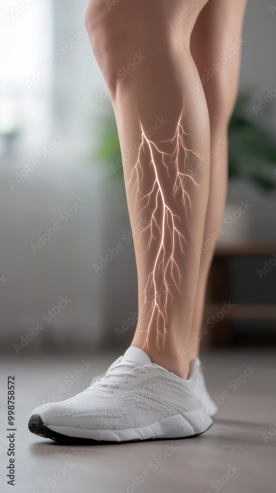 Depiction of nerve pain and fatigue: a person with exhausted legs, showing physical strain of nerve pain, focusing on discomfort and heaviness that comes with persistent aching in the lower body. Depiction of nerve pain and fatigue: a person with exhausted legs, showing physical strain of nerve pain, focusing on discomfort and heaviness that comes with persistent aching in the lower body.