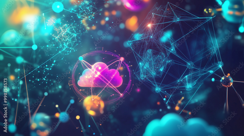 Depict a vibrant digital technology and science-themed background filled with geometric shapes, cloud computing icons, and atomic models, creating a dynamic and engaging visual env Depict a vibrant digital technology and science-themed background filled with geometric shapes, cloud computing icons, and atomic models, creating a dynamic and engaging visual env