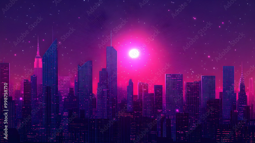 A Digital Illustration of a City Skyline at Night with a Bright Pink Sun A Digital Illustration of a City Skyline at Night with a Bright Pink Sun
