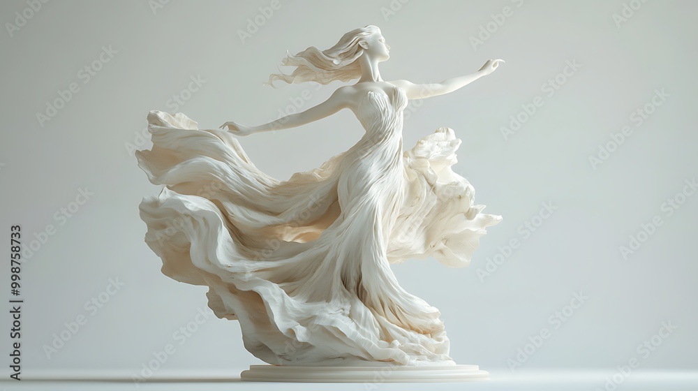 White marble statue of a woman in a flowing dress, standing against a white background. White marble statue of a woman in a flowing dress, standing against a white background.