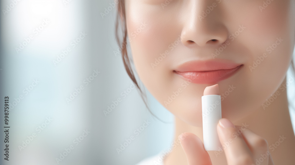 Close-up of a woman applying lip balm, highlighting smooth lips and a gentle smile, perfect for beauty or skincare themes. Close-up of a woman applying lip balm, highlighting smooth lips and a gentle smile, perfect for beauty or skincare themes.