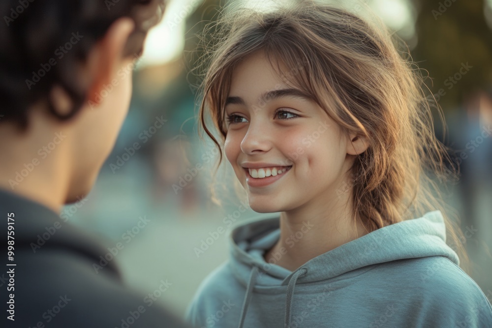 Side view of a beautiful teenage girl smiling at her male friend Side view of a beautiful teenage girl smiling at her male friend