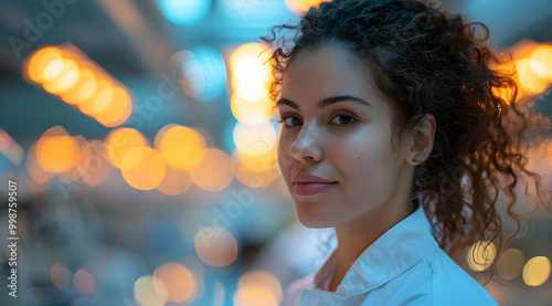 Woman with Curly Hair in Front of Blurred Lights Realistic Image