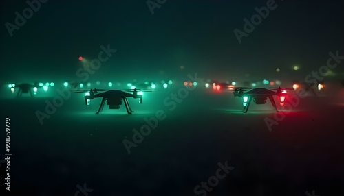 Drones illuminate the night sky with colorful LED lights amidst foggy conditions