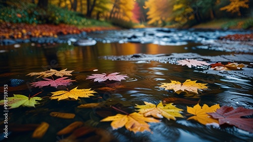 Leaves Floating on a Stream nature river Colorful Autumn season falling maple leaves.