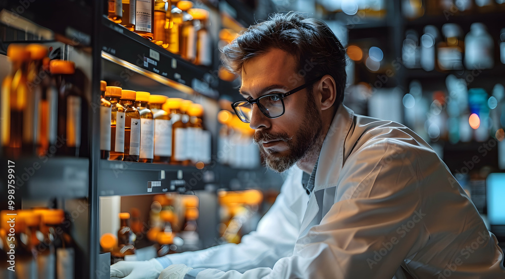 Focused Scientist in Lab with Glass Bottles Realistic Image