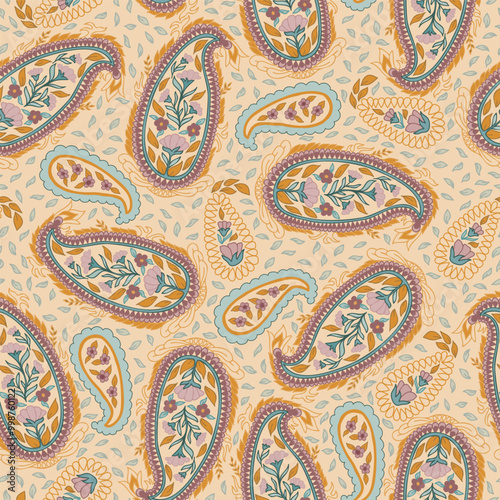 Paisley Droplets in Teals and Oranges Scattered on a Peach Orange Background creating a seamless pattern print background