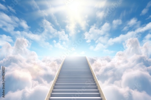 Ethereal staircase ascending into a blue sky surrounded by white clouds, bathed in bright sunshine, evoking a dreamlike atmosphere of hope and serenity.