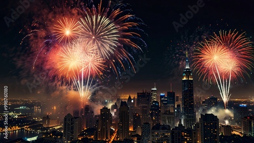 City Skyline Festival Display Over a Colorful Fireworks Celebration Lighting Happy New Year.