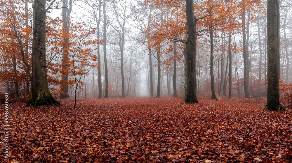 A misty morning in the woods, featuring bare trees shrouded in light fog. Deep red and brown fallen leaves blanket the ground, enhancing the calm and mysterious ambiance of the scene. A misty morning in the woods, featuring bare trees shrouded in light fog. Deep red and brown fallen leaves blanket the ground, enhancing the calm and mysterious ambiance of the scene.