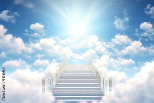  stairway to heaven with radiant sun rays, blue sky, and white clouds