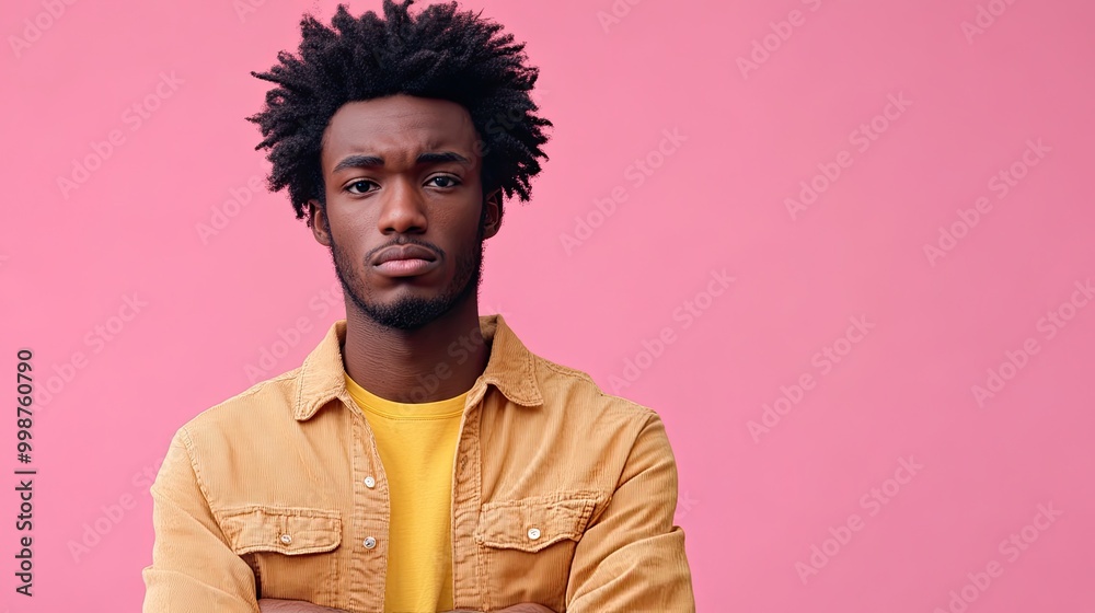 Portrait of a jaded young black man isolated on a plain pink background, with copy space. Portrait of a jaded young black man isolated on a plain pink background, with copy space.