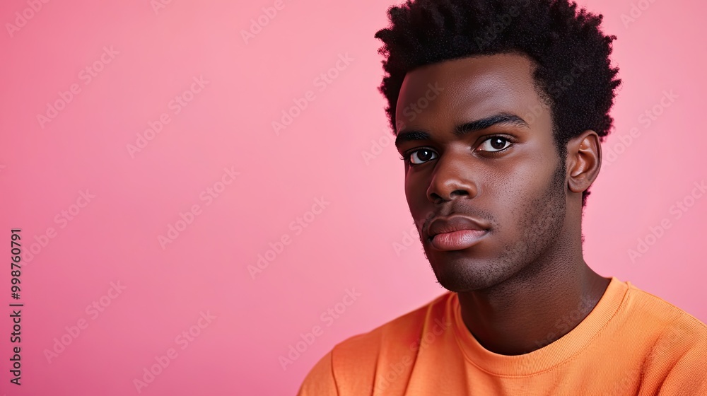 Portrait of a jaded young black man isolated on a plain pink background, with copy space. Portrait of a jaded young black man isolated on a plain pink background, with copy space.