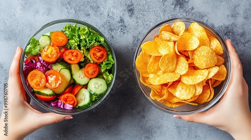 One hand with a bowl of salad and the other hand with a bowl of chips. photo