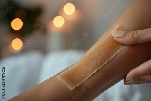 Wallpaper Mural A strip of wax being removed from an arm with precision, while the blurred background reveals a stylish, minimalist spa environment with ambient lighting Torontodigital.ca