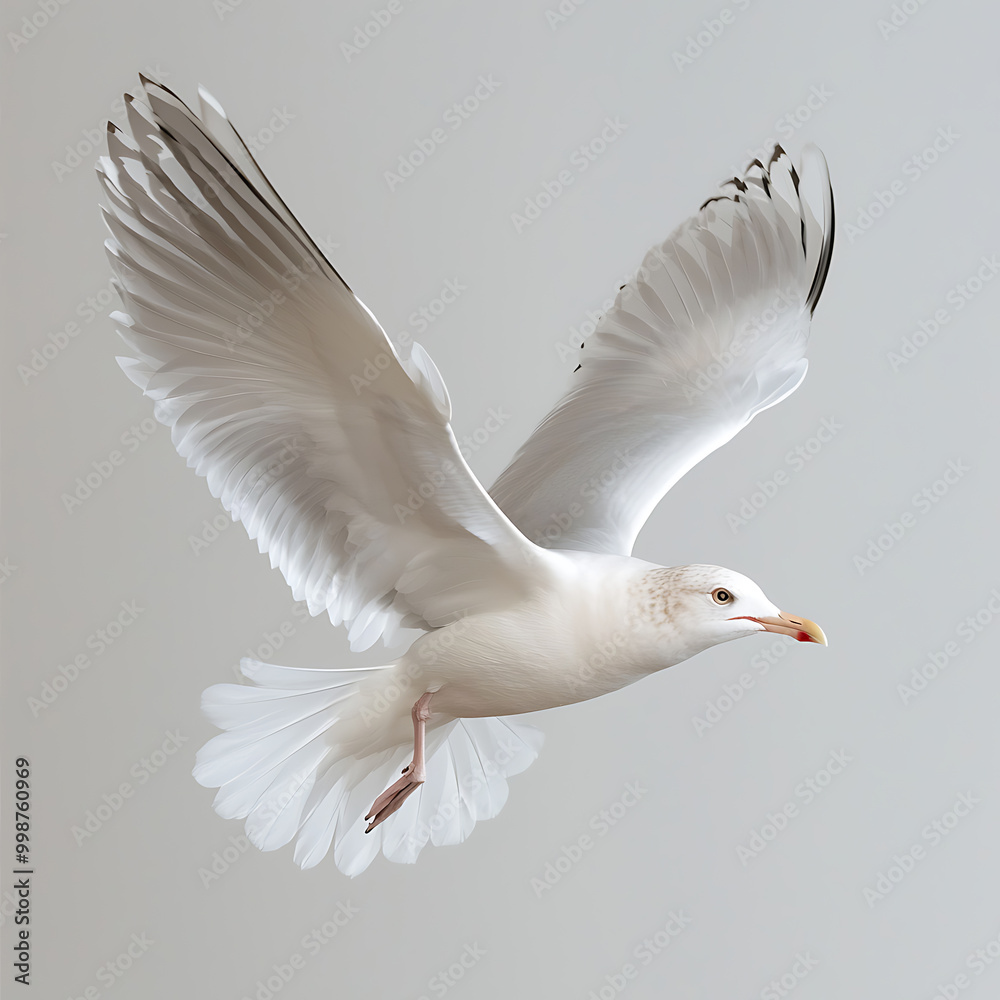 Majestic seagull in mid-flight against a soft backdrop Majestic seagull in mid-flight against a soft backdrop
