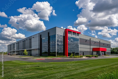 Modern warehouse facade on a sunny day  distribution center. Industrial Building of modern logistics hub. Loading dock. Large Business Entrance. Innovative logistic complex exterior. Cargo storage