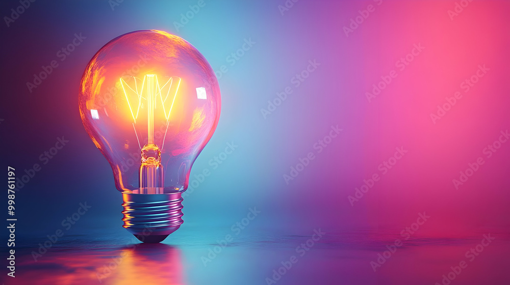 A glowing incandescent light bulb with a filament inside, standing on a reflective surface against a colorful blue and pink gradient background, representing ideas and inspiration. A glowing incandescent light bulb with a filament inside, standing on a reflective surface against a colorful blue and pink gradient background, representing ideas and inspiration.