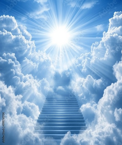 Obraz na płótnie stairway to heaven with radiant sun rays, blue sky, and white clouds w salonie
