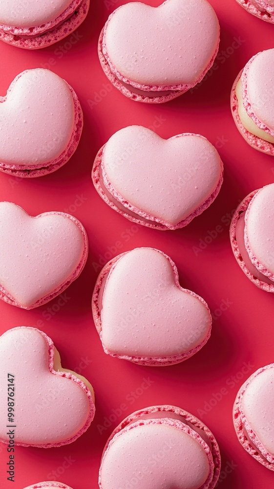 Fototapeta premium French sweet Strawberry Pink,red heart macaroons isolated on pink background. Pastry shop card with copy spacefrench macaroons,Paris Pastry,bakery and branding valentine couple concept,copy space.