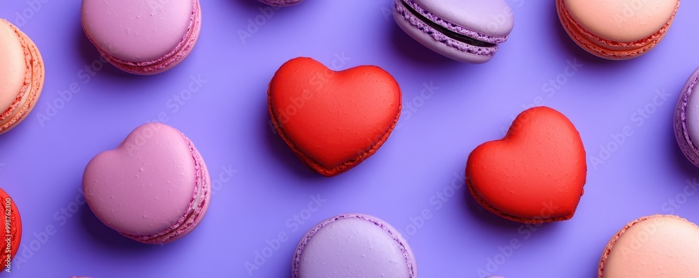Obraz premium French sweet Strawberry Pink,red heart macaroons isolated on pink background. Pastry shop card with copy spacefrench macaroons,Paris Pastry,bakery and branding valentine couple concept,copy space.