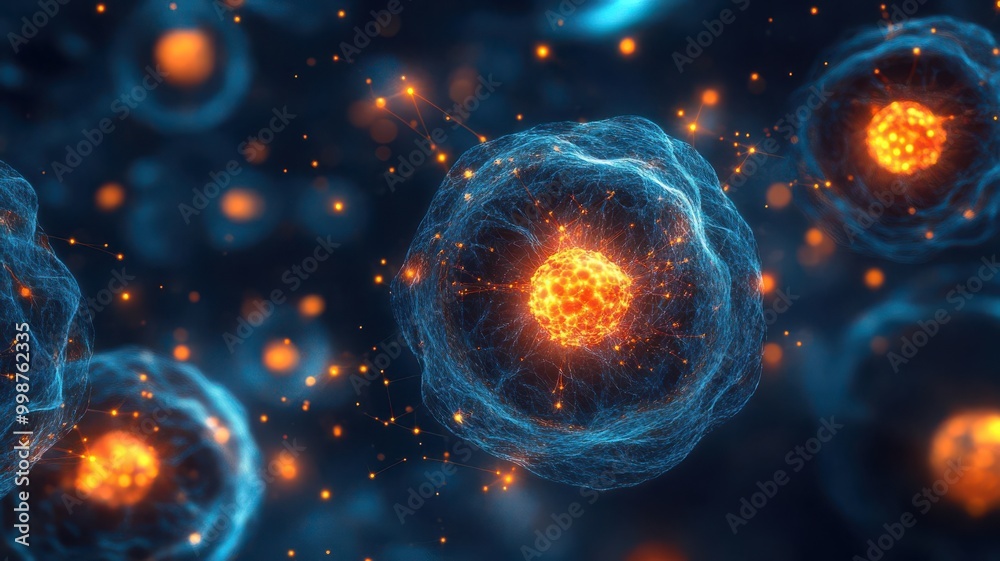 Abstract representation of mitosis with glowing particles Abstract representation of mitosis with glowing particles