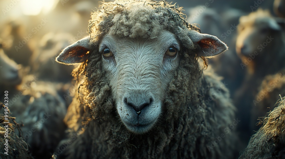 Close-Up Portrait of a Sheep in a Flock Close-Up Portrait of a Sheep in a Flock