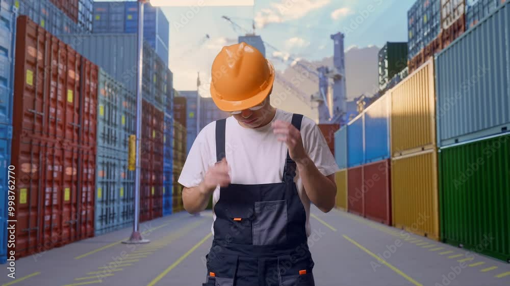 Asian Man Worker Wearing Goggles And Safety Helmet Having A Headache While Standing At Container Yard Warehouse Asian Man Worker Wearing Goggles And Safety Helmet Having A Headache While Standing At Container Yard Warehouse