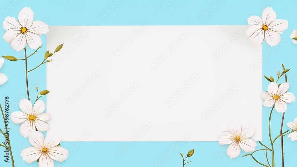 4K stopmotion springtime animation featuring cherry blossoms blooming twigs frame white paper light blue background offering beautiful llo Spring template space