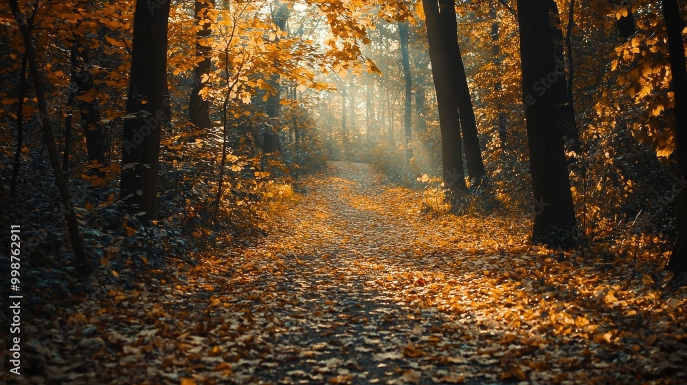 Obraz premium A winding path through a dense forest, adorned with vibrant yellow and orange leaves. Sunlight filters through the branches, casting a golden glow on the fallen leaves
