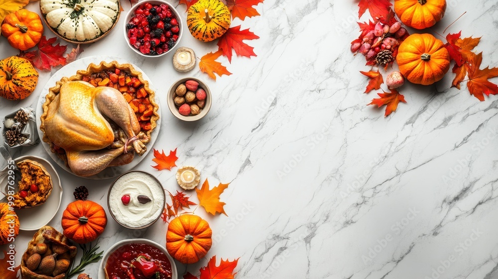 Happy Thanksgiving Day with roasting chicken or turkey,pie,pumkins,maple leaf on white marble table,Autumn feast,Family dining room table set with golden roasted turkey on platter garnished rosemary. Happy Thanksgiving Day with roasting chicken or turkey,pie,pumkins,maple leaf on white marble table,Autumn feast,Family dining room table set with golden roasted turkey on platter garnished rosemary.