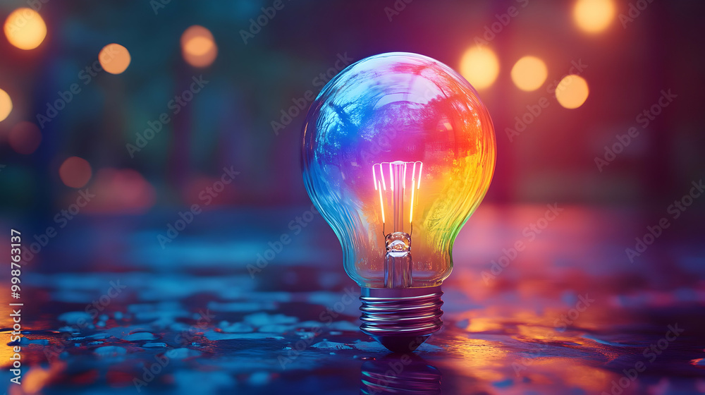 A Colorful Light Bulb Glows with a Rainbow Effect, Standing on a Wet Surface with a Blurred Background of Warm Lights A Colorful Light Bulb Glows with a Rainbow Effect, Standing on a Wet Surface with a Blurred Background of Warm Lights