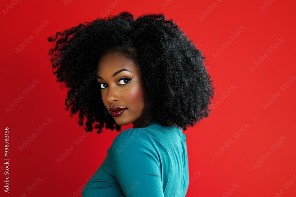 Confident Black woman with natural afro hairstyle in teal blue attire looking over her shoulder against a vibrant red background exuding cool and stylish vibes for diverse usage. Confident Black woman with natural afro hairstyle in teal blue attire looking over her shoulder against a vibrant red background exuding cool and stylish vibes for diverse usage.